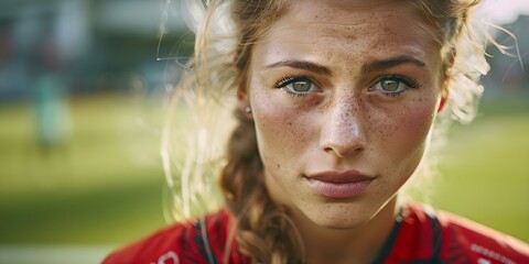Determined female rugby player demonstrates strength and focus on the field. Concept Sports, Rugby, Strength Training, Focus and Mindset, Female Athletes