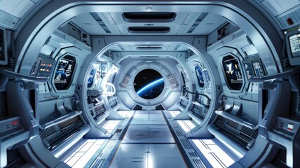 Futuristic spaceship corridor with view of Earth - An elaborate sci-fi spaceship corridor design with a view of Earth, giving a feeling of space exploration and technology - obrazy, fototapety, plakaty