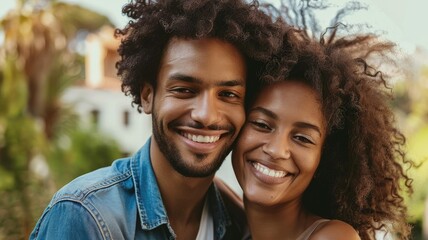 Happy African couple smiling outdoors - Portrait of a joyful couple embracing with a soft-focus background of greenery They exude happiness, companionship, and warmth