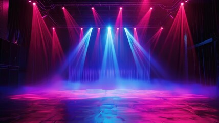 Immersive stage with blue and pink neon lights - This image showcases an empty stage with striking neon lighting, evoking feelings of anticipation and excitement for a performance