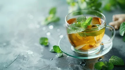 Poster Mint tea in a transparent cup with a saucer - Crystal clear tea with mint leaves in a transparent cup on a glass saucer, with water droplets around © Mickey