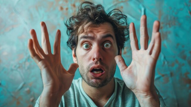 Man making a scared face expression - A humorous image of a man with wide eyes and hands up, showing a scared or surprised expression
