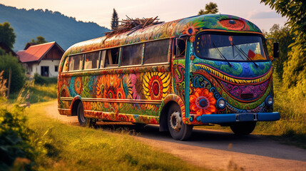 A colorful, decorated bus in a rural village, serving as a lifeline for the local community, surrounded by fields and nature.