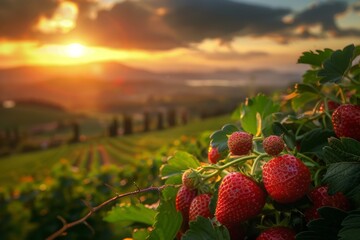 a strawberry bunch in a italian strawberry farm at sundown - obrazy, fototapety, plakaty