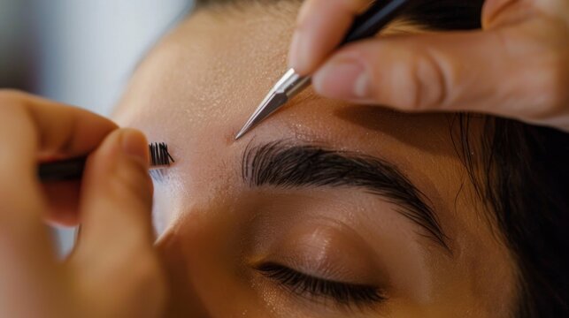 Cosmetologist applying wax to client's eyebrows for care
