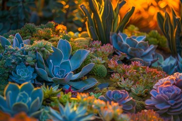 Fototapeta na wymiar Enchanting succulent garden illuminated by the warm glow of a setting sun - Diverse array of succulents from rosette forming echeverias to towering aloes created with Generative AI Technology