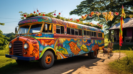 A colorful, decorated bus in a rural village, serving as a lifeline for the local community, surrounded by fields and nature.