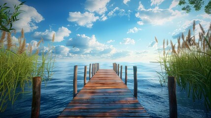 Serene waterfront dock with a clear sky leading to tranquility and peaceful relaxation - obrazy, fototapety, plakaty