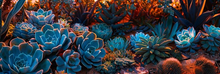 Enchanting succulent garden illuminated by the warm glow of a setting sun - Diverse array of succulents from rosette forming echeverias to towering aloes created with Generative AI Technology - obrazy, fototapety, plakaty