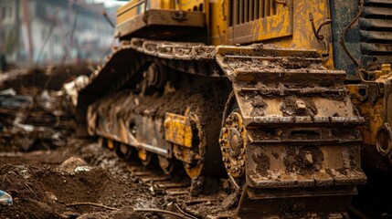 Close-up shot of a bulldozer's tracks and blade, covered in dirt and debris