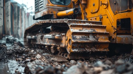 Close-up shot of a bulldozer's tracks and blade, covered in dirt and debris