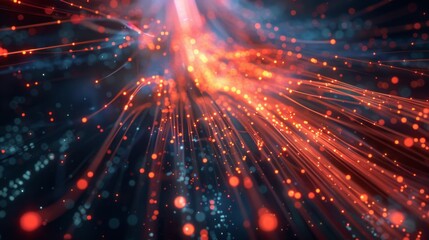 Optical fibers emerging from a deep, dark space, against a backdrop of glowing technological elements - obrazy, fototapety, plakaty