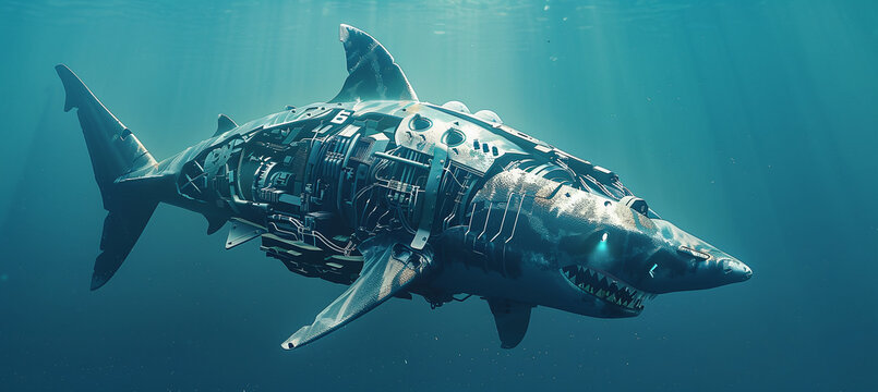 futuristic robot shark under the water