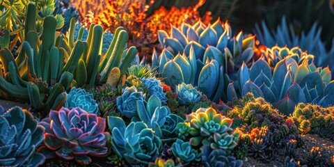 Enchanting succulent garden illuminated by the warm glow of a setting sun - Diverse array of succulents from rosette forming echeverias to towering aloes created with Generative AI Technology