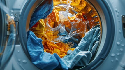 Open washing machine full of dirty laundry