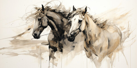 Black and white horses portrait on a beige background. Illustration in watercolor style.