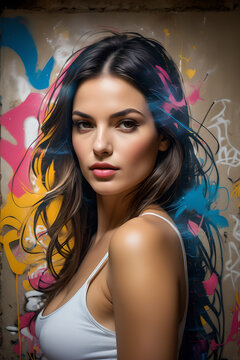 Photo of a beautiful woman against a graffiti background. Portrait of a woman.