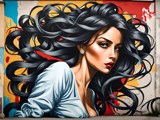 Modern art of a beautiful woman in colorful. Beautiful woman graffiti on the wall. Colorful mural....