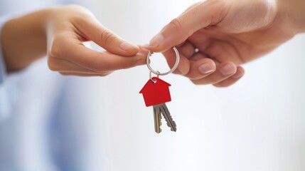 Person's hand handing over keys with a red house keychain to another person