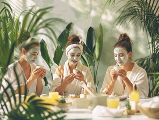 A group of women enjoying a spa day together, applying face masks and relaxing