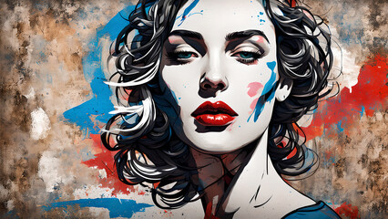 Modern art of a beautiful woman in colorful. Beautiful woman graffiti on the wall. Colorful mural. Street art