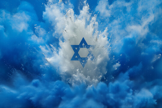 Freeze motion of colored powder explosion of blue and white colors with star of David in the center. Flag of Israel concept.