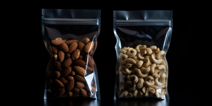 Two transparent packs of almonds and cashew nuts on a black background. Reusable packaging with a zip lock.