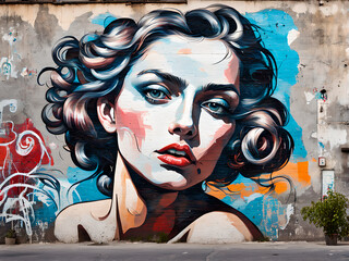 Beautiful woman graffiti on the wall. Colorful mural. Street art