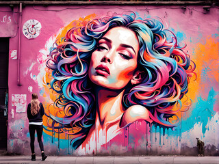Beautiful woman graffiti on the wall. Colorful mural. Street art