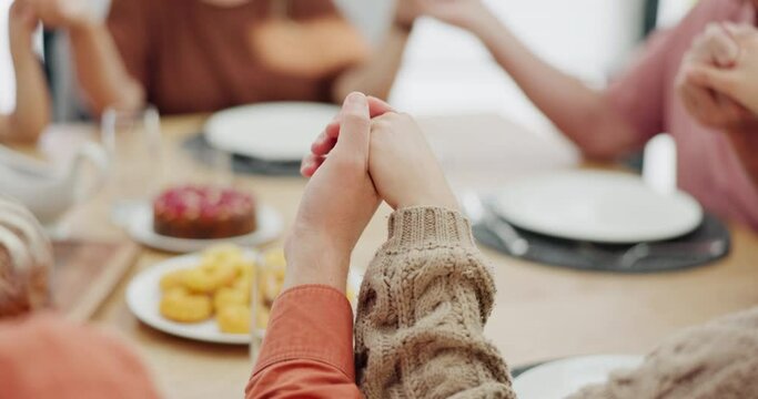 Family, lunch and hands with prayer for food, blessing and gratitude for nutrition on Easter. Grace, spiritual support and people with worship for meal, faith and holiday celebration together at home