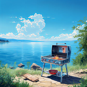 A picturesque scene of a barbecue grill on a calm sea under a beautiful blue sky, illustration