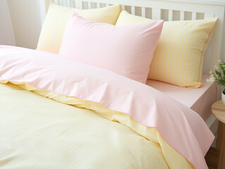 Fototapeta na wymiar a bed made with pink and yellow pastel-themed bedding including pillows, top sheet, and comforter along with a white bed