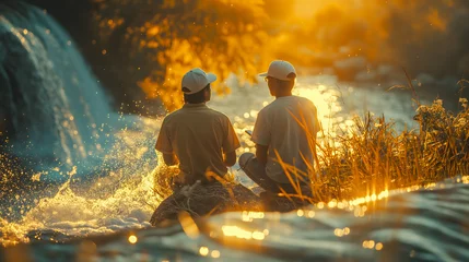Photo sur Plexiglas Coucher de soleil sur la plage Two men sitting on the bank of a mountain river at sunset.