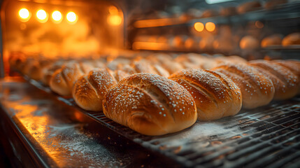 Baked bread in the oven. Bakery products. Selective focus. - obrazy, fototapety, plakaty