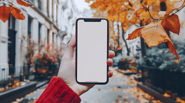 Mockup image of a smartphone with a white screen in a woman's hand on the background of autumn leaves
