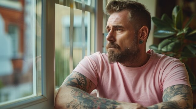 attractive tattooed white man with beard looking out the window in pink shirt in high resolution and high quality hd