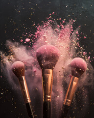 Make up brushes and pink powder cosmetic, Generative AI