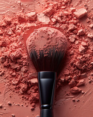 Make up brush and pink powder cosmetic, Generative AI
