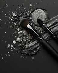 Make up brushes and silver powder cosmetic, Generative AI