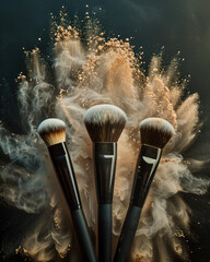 Make up brushes and beige powder cosmetic, Generative AI