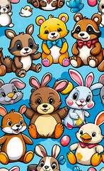 Naklejka premium Watercolor illustration, seamless children's pattern with plush toys, template for print on fabric, paper, wrapper,
