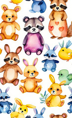 Obraz premium Watercolor illustration, seamless children's pattern with plush toys, template for print on fabric, paper, wrapper,