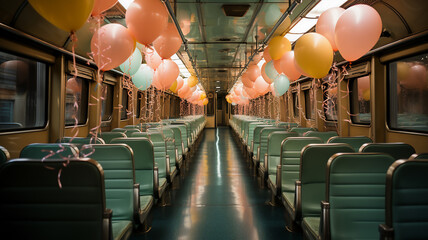 Colourful Balloons flying inside Railway Train,Interior of old a subway car with seats. Generative AI - obrazy, fototapety, plakaty