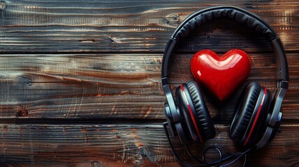 Red glossy heart between black headphones on a wooden table symbolizing love for music