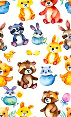 Watercolor illustration, seamless children's pattern with plush toys, template for print on fabric, paper, wrapper,