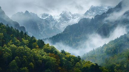 A photo of the Pyrenees Mountains, with lush forests as the background, during an autumn morning - obrazy, fototapety, plakaty