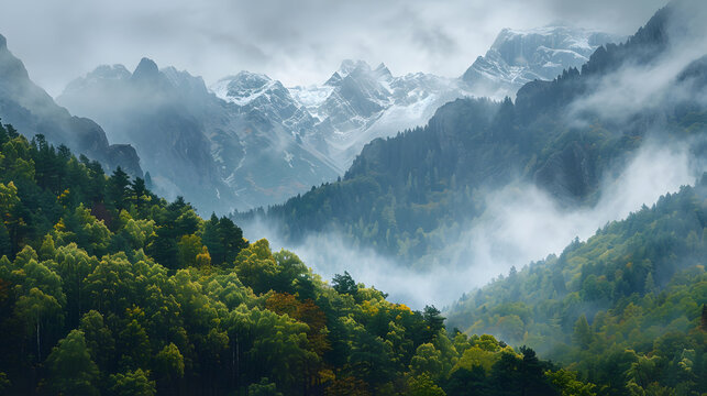 A photo of the Pyrenees Mountains, with lush forests as the background, during an autumn morning