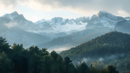 Obraz premium A photo of the Pyrenees Mountains, with lush forests as the background, during an autumn morning