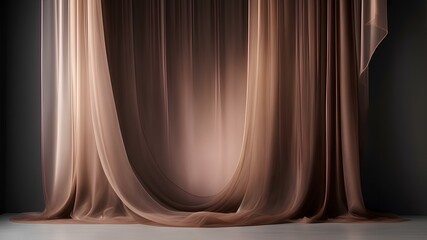 A visually stunning image portrays a mesmerizing wall adorned with an array of iridescent organic natural beige and brown tulle curtains backdrop in a studio set up.