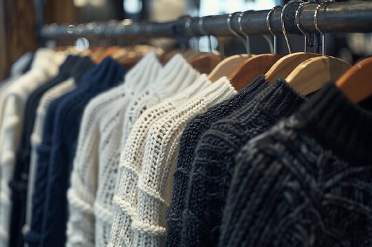 Women's sweaters on hangers in a store
